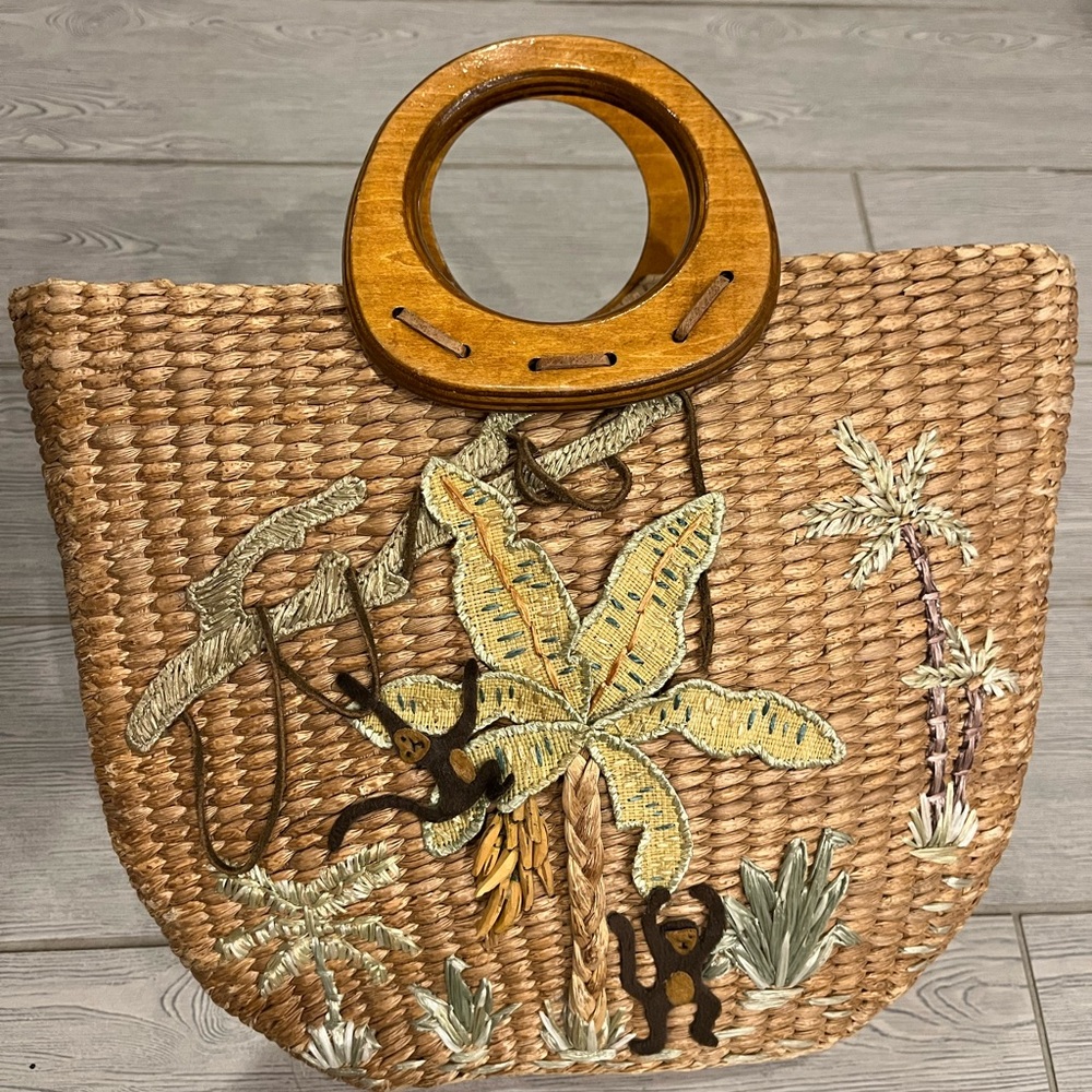 Vintage Cappelli Straw World Tote with Embroidery Jungle Monkey Theme